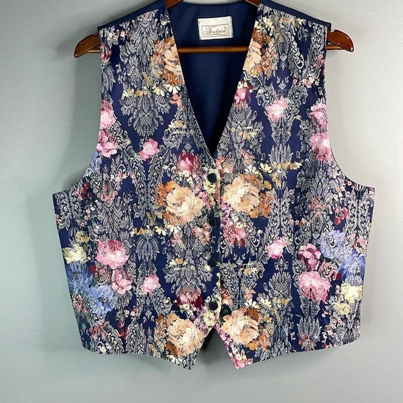 VINTAGE 90s Traditions Floral Tapestry Vest Blue Pink Mix Wingtip Button Size 16 - Picture 10 of 10